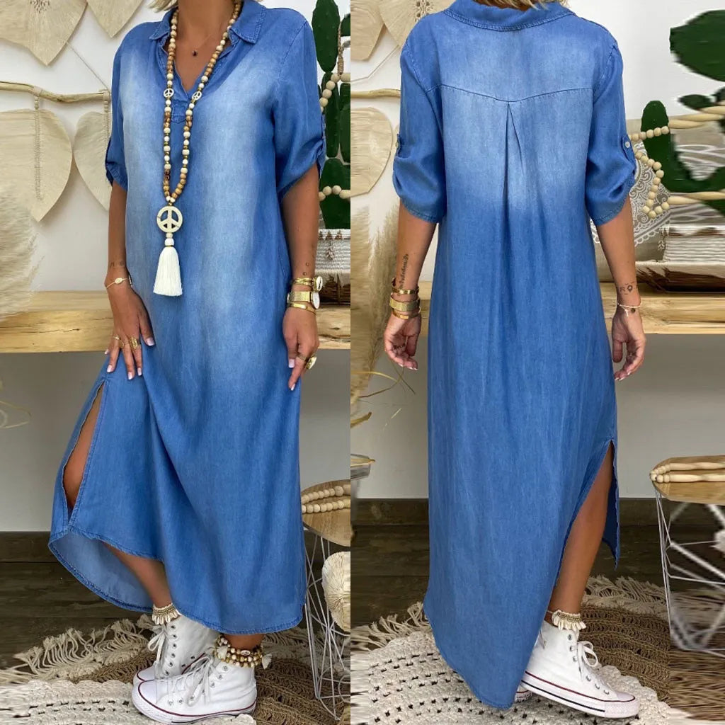 Emma | Lange jurk in jeanslook met zijsplit