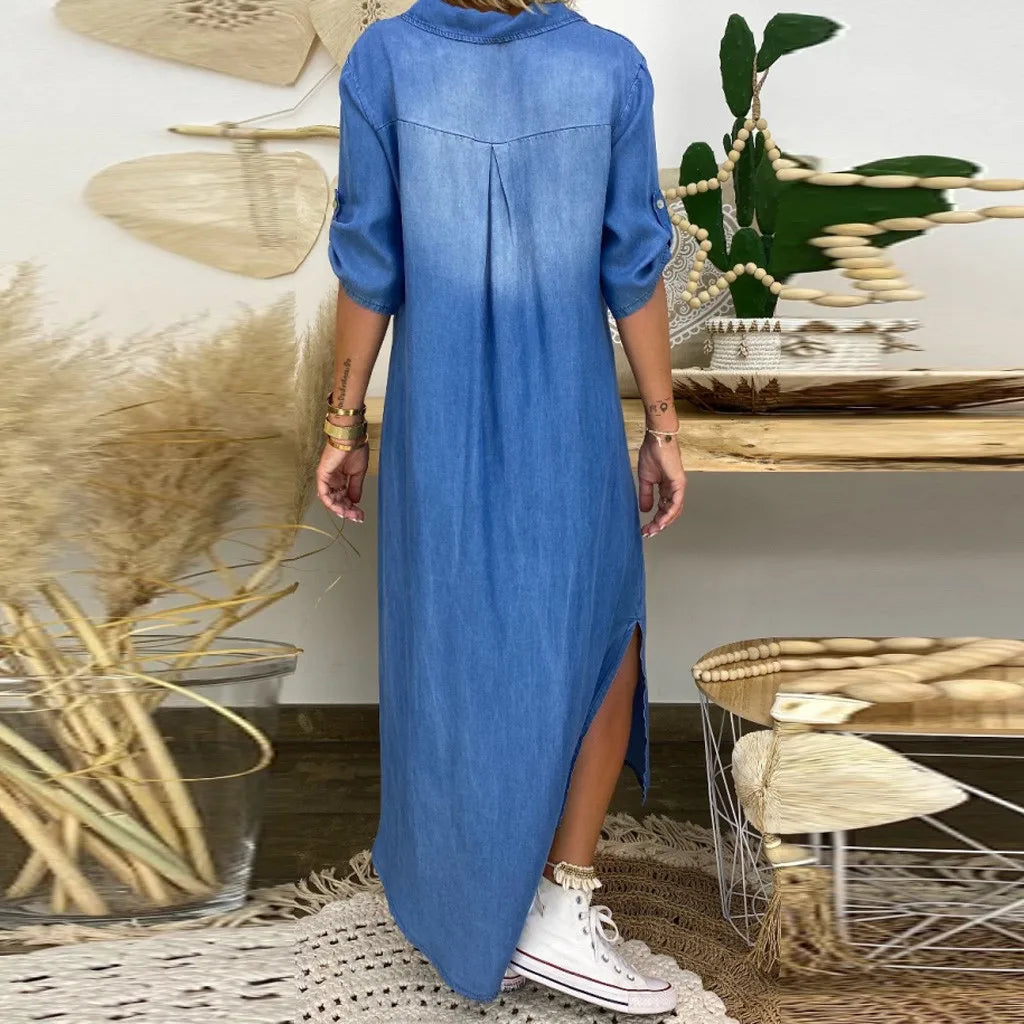 Emma | Lange jurk in jeanslook met zijsplit