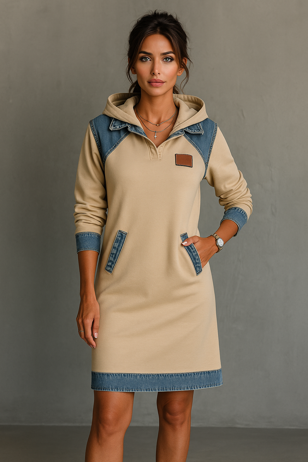 Tonia | Casual Jurk met Kap en Denim Accenten