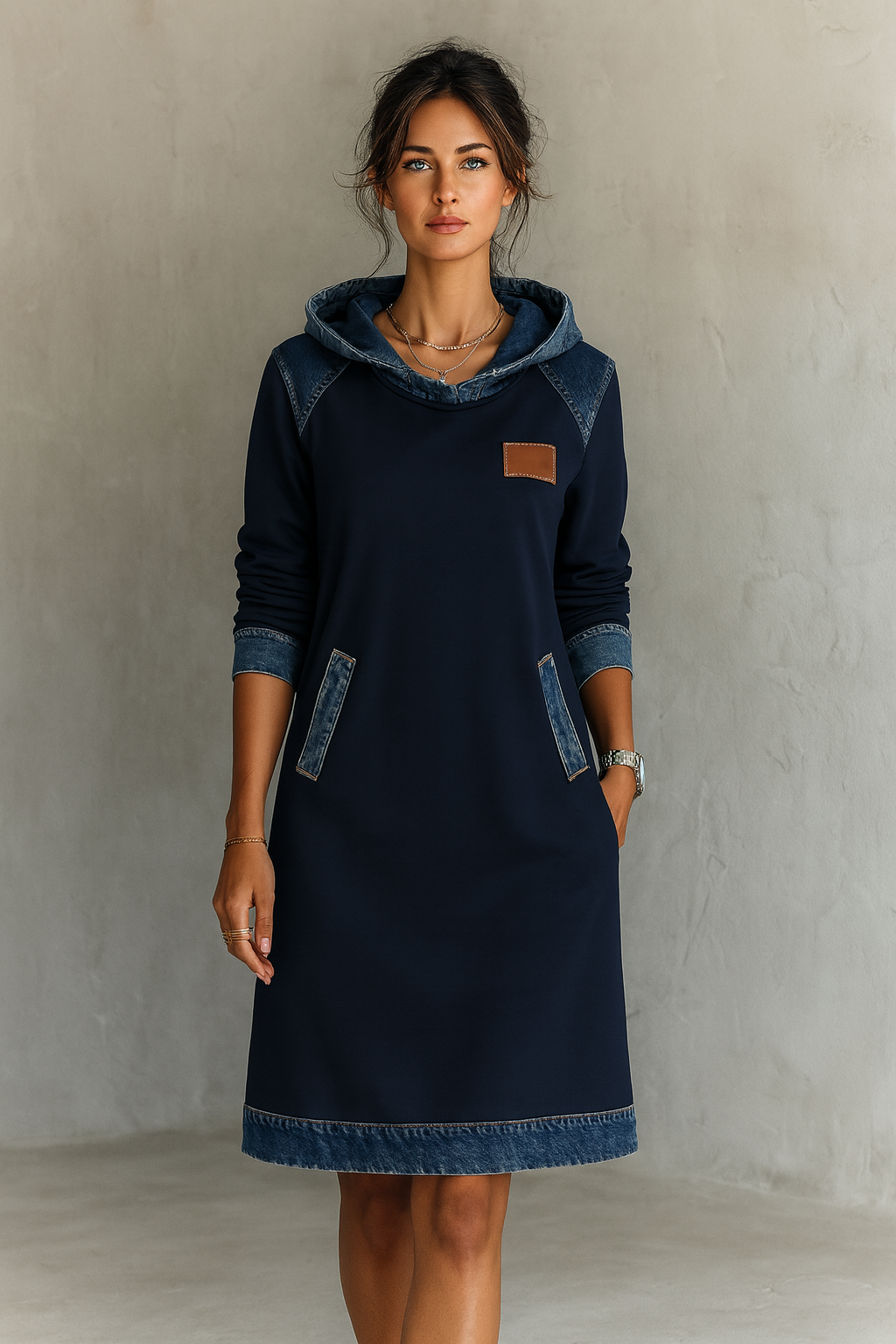 Tonia | Casual Jurk met Kap en Denim Accenten