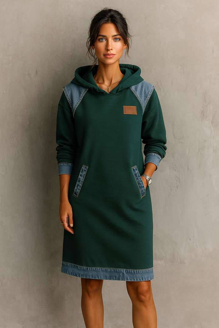 Tonia | Casual Jurk met Kap en Denim Accenten