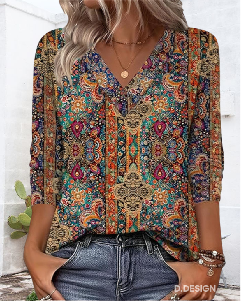 Marjanka | Retro Gedrukte Blouse V-Hals