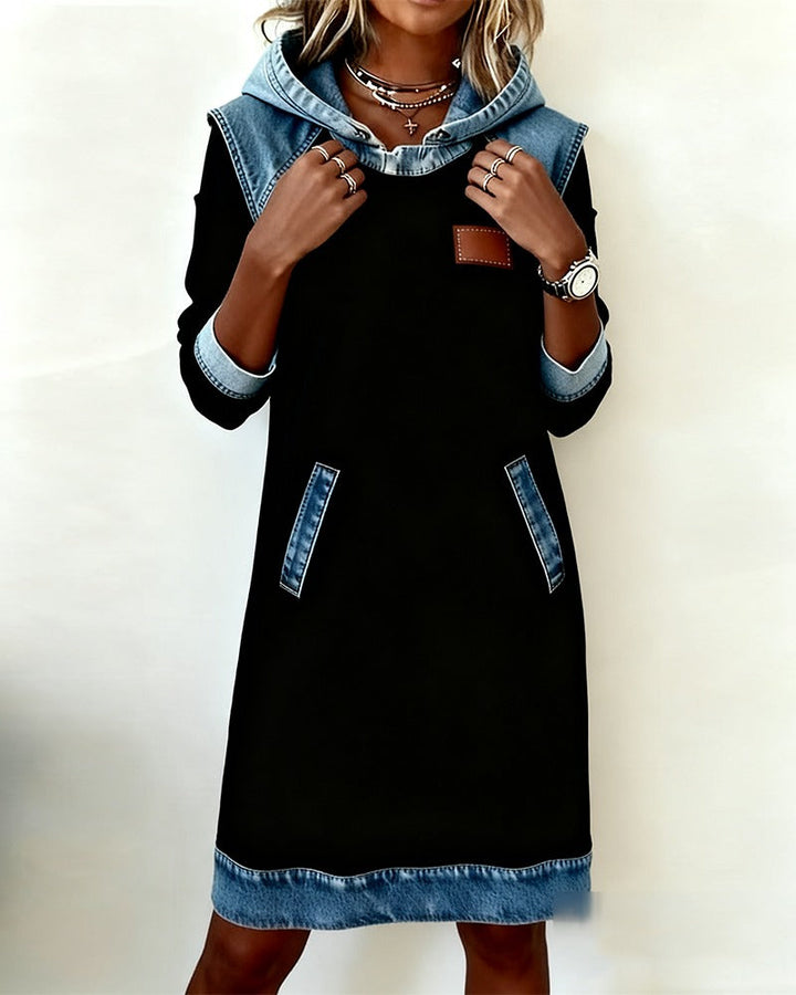 Tonia | Casual Jurk met Kap en Denim Accenten