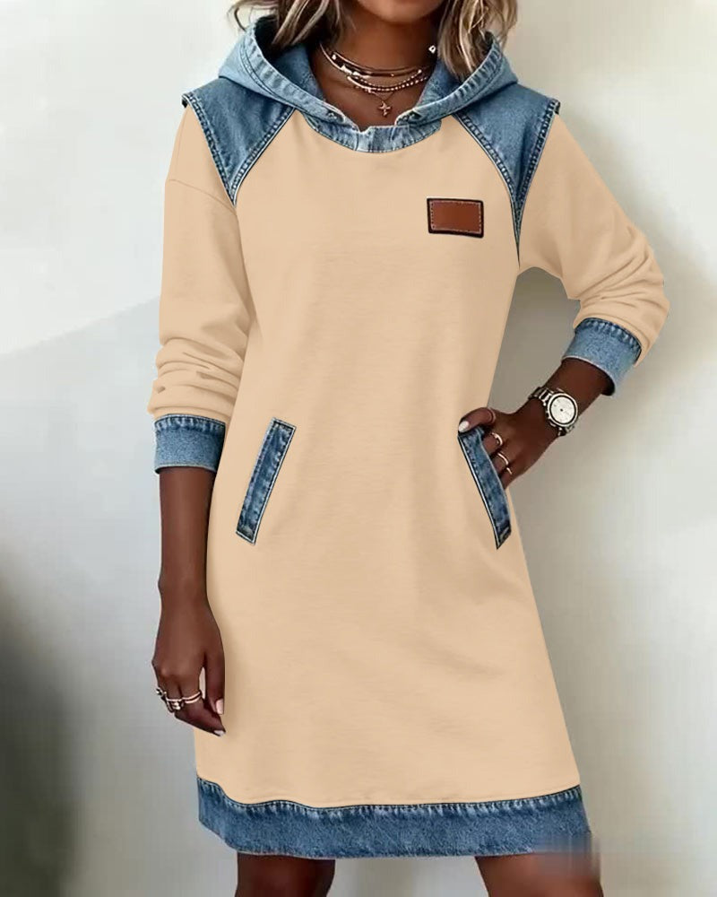 Tonia | Casual Jurk met Kap en Denim Accenten