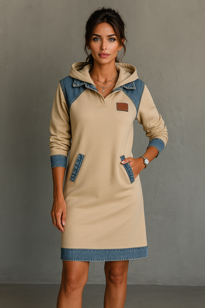 Tonia | Casual Jurk met Kap en Denim Accenten