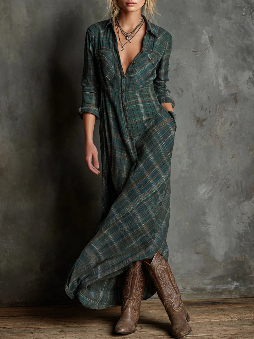 Colette | Lange jurk met groene geruite revers