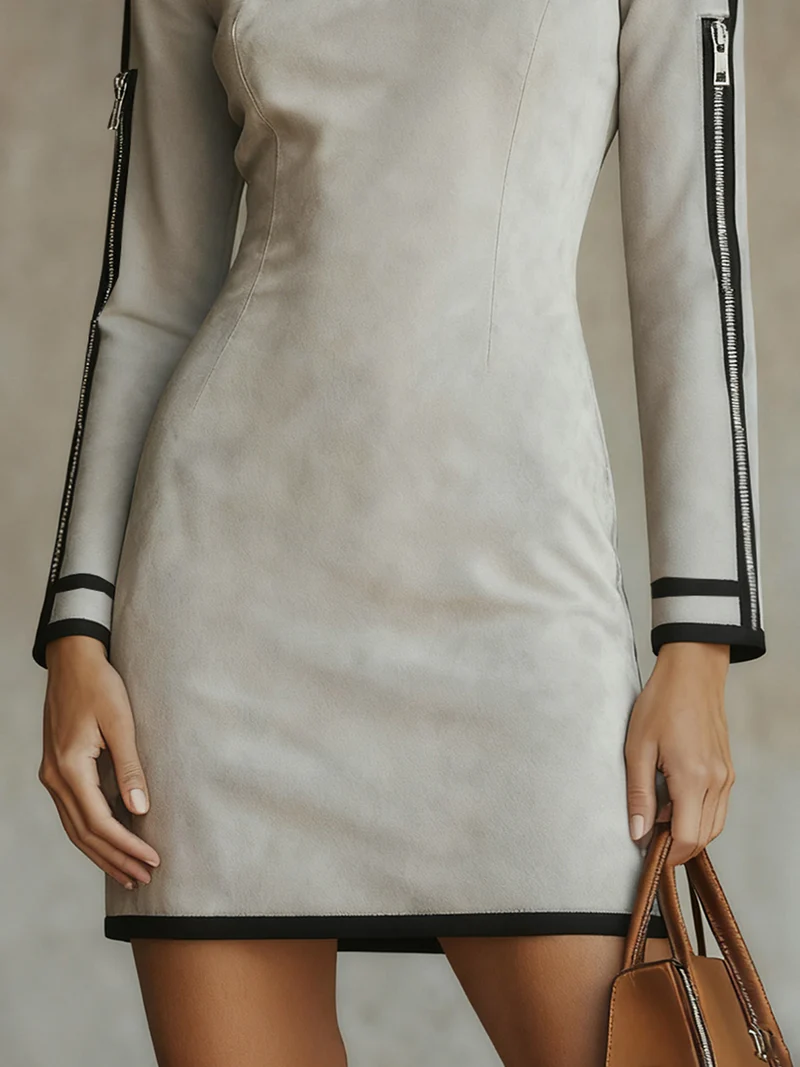 Eirene | Lichtgrijze Faux Suède Hoge Hals Rits Mini Jurk