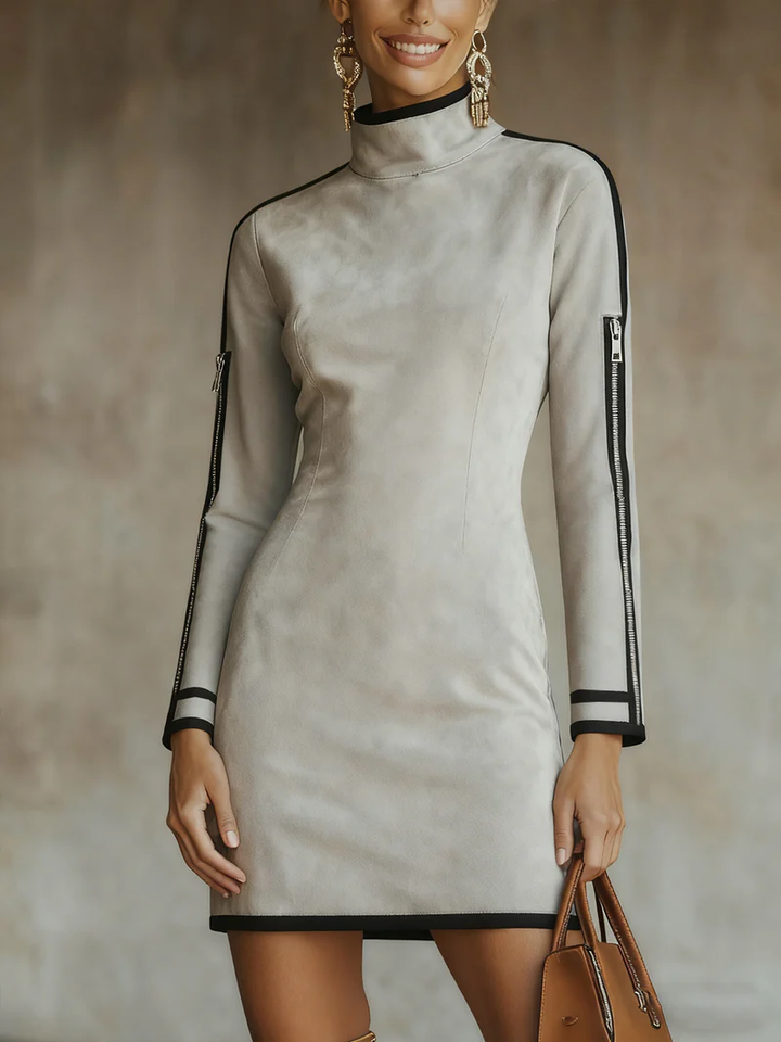 Eirene | Lichtgrijze Faux Suède Hoge Hals Rits Mini Jurk