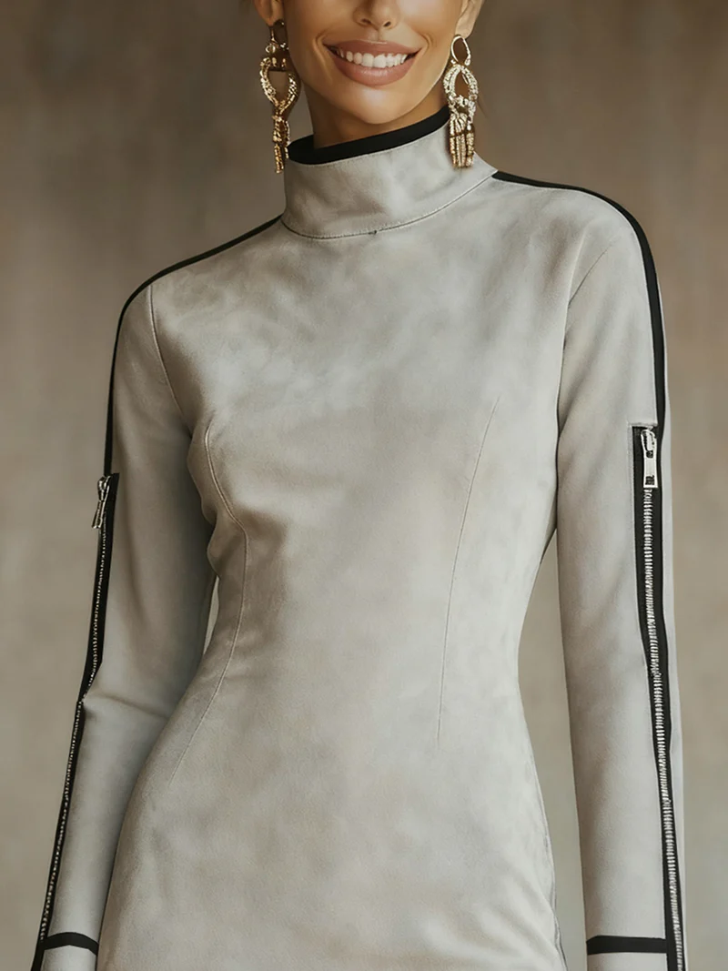 Eirene | Lichtgrijze Faux Suède Hoge Hals Rits Mini Jurk